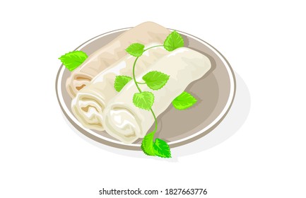 Asian spring rolls served with greenery on plate. Rolled appetizers with cabbage, carrot, other vegetables or meat fillings inside thinly wrapped cylindrical pastry. Vector isolated on white.