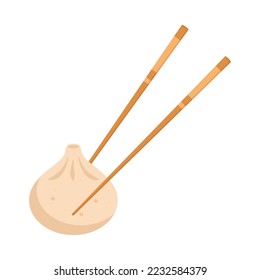 Asian steamed dumplings with chopsticks. Traditional Chinese and Japanese food. Vector illustration.