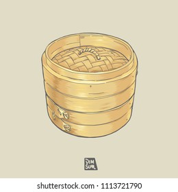 Asian steamed food tool vector illustration. Hand-drawn bamboo steamer. color painting style.