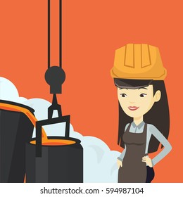 Asian steelworker in a hardhat at work in the foundry. Steelworker controlling iron smelting in the foundry. Industrial worker in steel making plant. Vector flat design illustration. Square layout.