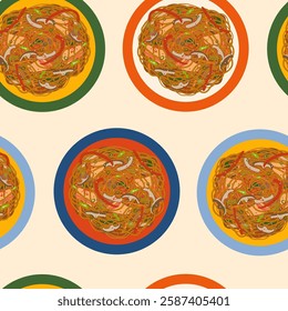 Asian stir fried noodles vector seamless pattern. Delicious Korean glass noodles dish Japchae with vegetables in colorful plates, light background. Popular South Korean meal, modern flat repeat tile