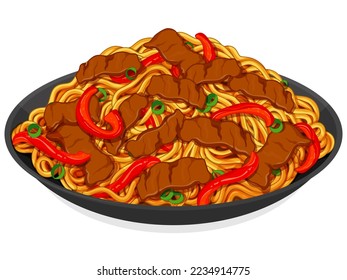 Asian stir fry noodles recipe illustration vector. Chinese stir fry noodles with beef recipe. Japanese soba noodles. Asian food noodle drawing.