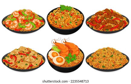 Asian stir fry noodles recipe illustration set vector. Chinese stir fry noodles with shrimp prawn beef pork chicken and eggs recipe. Japanese stir fry noodles with yakisoba. Asian food noodle drawing.