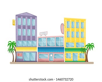 Asian street with colorful buildings, palms and signs. 
