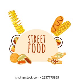 Asian street food bun shaped border. Korean street food festival frame banner, logo flyer, market card. Corndog hotdog, tornado potato, tofu rice balls, croquettes creative design. Vector illustration