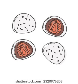 Asian street food. Fast food. daifuku mochi sweets filling chocolate fresh fruit. Duddle style. Menu design of a restaurant, cafe, diner. Vector illustration.
