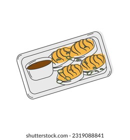 Asian street food. Fast food. Gyoza Japanese fried dumplings with stuffing. Duddle style. Menu design of a restaurant, cafe, diner. Vector illustration.