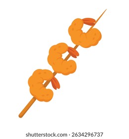 Asian street food with fried shrimp on stick, tasty seafood cartoon vector illustration.