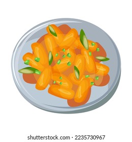 Asian street food on plate. Vector illustration of spicy Chinese and Korean meals. Cartoon top view of bowl with fried vegetables isolated on white. Restaurant menu concept