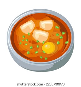 Asian street food on plate. Vector illustration of spicy Chinese and Korean meals. Cartoon top view of bowl with soup isolated on white. Restaurant menu concept