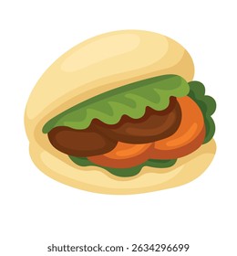 Asian street food with soft bao bun filled with meat, lettuce and vegetables, cartoon vector.