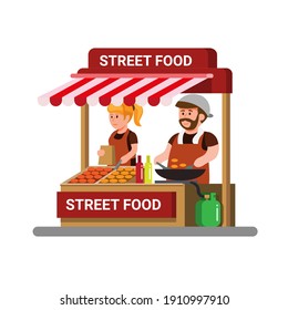 Asian street food vendor. man and woman cooking and selling fried food concept in cartoon illustration vector