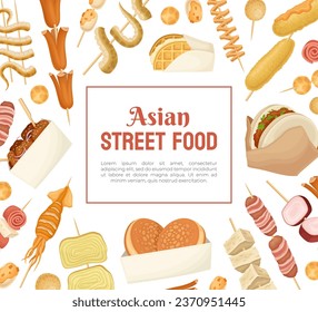 Asian Street Food Web Banner with Snack Vector Template