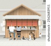 Asian street food wooden stall shop with customers are eating and cats are playing chaotically at sidewalk have building wall background graphic illustration.