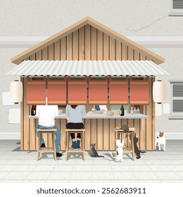 Asian street food wooden stall shop with customers are eating and cats are playing chaotically at sidewalk have building wall background graphic illustration.