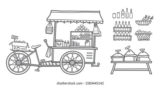 Asian street foods. Local market. Travel sketch. Vector