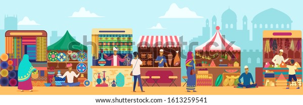 Asian street market flat vector illustration.\
People shopping at local marketplace. Cartoon vendors selling fresh\
food and home interior items. Sellers at counters. Indian city\
temples background