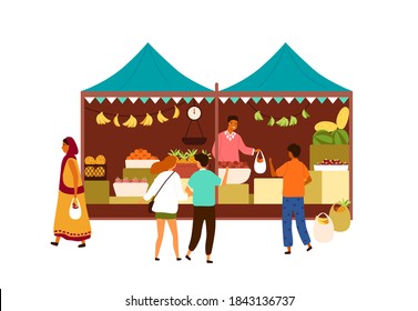 Asian Street Market Kiosk Isolated On White Background. Vendor In The Booth Selling Tropical Fruits To Customers. Arabic Or Indian Local Marketplace. Vector Illustration In Flat Cartoon Style