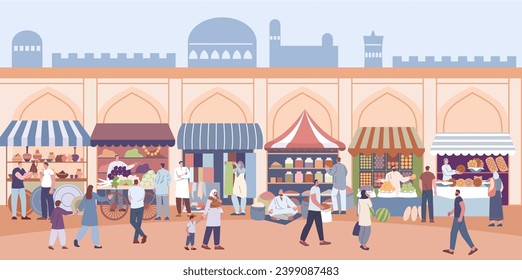 Asiatischer Straßenmarkt. Lokaler Marktplatz, arabische traditionelle Schalter, Verkäufer und Kunden. Traditioneller orientalischer Marktplatz, kickende Vektorszene