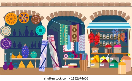 Asian Street Market With Pottery, Carpets And Spices Stores. Indian Bazaar. Flat Vector Illustration.