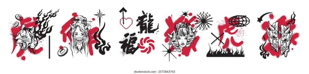 Asian streetwear cyber print set, vector Japanese girl tattoo oriental trendy fashion illustration. Female face demon mask, punk flame acid shapes, t-shirt futuristic design, tiger, flame. Cyber print