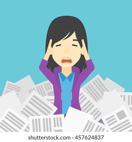 An asian stressed business woman clutching her head because of having a lot of work to do. Busy business woman with lots of papers. Vector flat design illustration. Square layout.