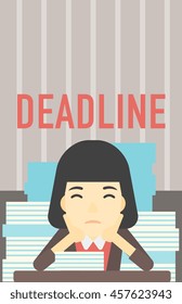 An asian stressed business woman sitting at the table with stacks of papers. Business woman having problem with deadline. Deadline concept. Vector flat design illustration. Vertical layout.