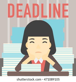 An asian stressed business woman sitting at the table with stacks of papers. Business woman having problem with deadline. Deadline concept. Vector flat design illustration. Square layout.
