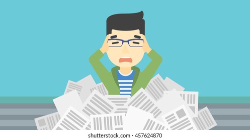 An asian stressed man clutching his head because of having a lot of work to do. Busy businessman with lots of papers. Vector flat design illustration. Horizontal layout.