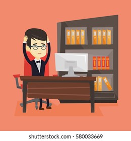 Asian stressed young office worker. Overworked business man feeling stress from work. Stressed employee sitting at workplace. Stress at work concept. Vector flat design illustration. Square layout.