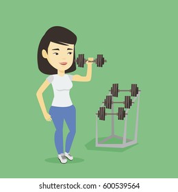 Asian strong weightlifter doing exercise with dumbbell. Young sporty woman lifting a heavy weight dumbbell. Weightlifter holding dumbbell in the gym. Vector flat design illustration. Square layout.