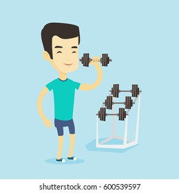 Levantador de pesas asiático fuerte haciendo ejercicio con dumbbell. Joven deportista levantando una campana pesada. Levantador de pesas sosteniendo el timbre en el gimnasio. Ilustración de diseño plana vectorial. Diseño cuadrado.