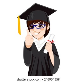 Asian student boy on graduation day with diploma and making thumb up hand sign