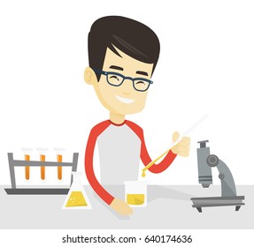 Asian student carrying out laboratory experiment. Student working with microscope at laboratory class. Student experimenting in laboratory. Vector flat design illustration isolated on white background
