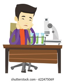 Asian student clutching head after failed experiment in chemistry class. Disappointed student carrying out experiment in chemistry class. Vector flat design illustration isolated on white background.