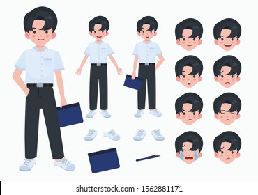 Asian student in formal uniform. Thai student. White shirt and Slacks. Student character on isolated background.