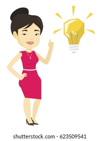Asian student pointing her finger up at idea light bulb. Young excited student with bright idea bulb. Smart student having a great idea. Vector flat design illustration isolated on white background.