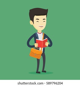 Asian student reading a book. Happy student reading a book and preparing for exam. Excited student standing with book in hands. Concept of education. Vector flat design illustration. Square layout.