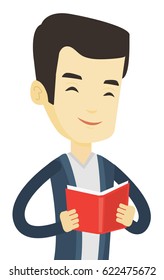 Asian student reading a book and preparing for exam. Smiling student reading a book. Student holding a book in hands. Concept of education. Vector flat design illustration isolated on white background