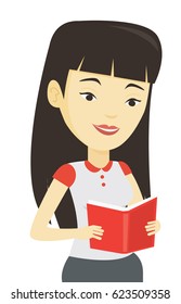 Asian student reading a book and preparing for exam. Smiling student reading a book. Student holding a book in hands. Concept of education. Vector flat design illustration isolated on white background