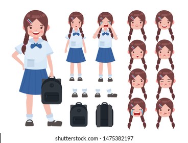 Asian Student In School Uniform. Thai Student. Student Character On Isolated Background. Vector. Student Character Vector.