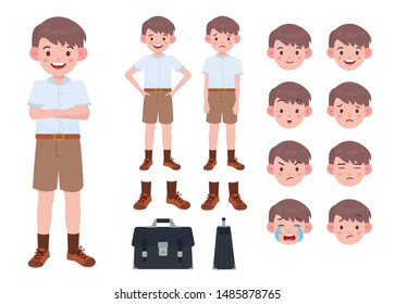 Asian student in school uniform. Thai student. Student character on isolated background.