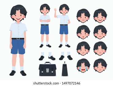 Asian student in school uniform. Thai student. White shirt and blue pant, Student character on isolated background.