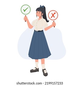 Asian student in school uniform. Thai student girl is making decision right or wrong. vector illustration