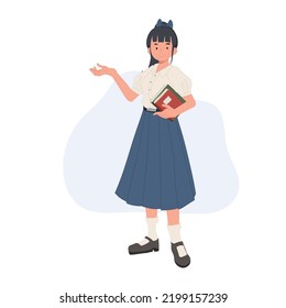 Asian student in school uniform. Thai student girl with books is introduce something. vector illlustration