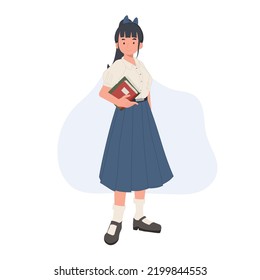 Asian student in school uniform. Thai student girl is holding books in one hand. learning , back to school concept. vector illlustration