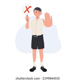 Asian student in school uniform. Thai student boy is holding red X sign. false. wrong. incorrect. also making hand NO to stop .vector illustration