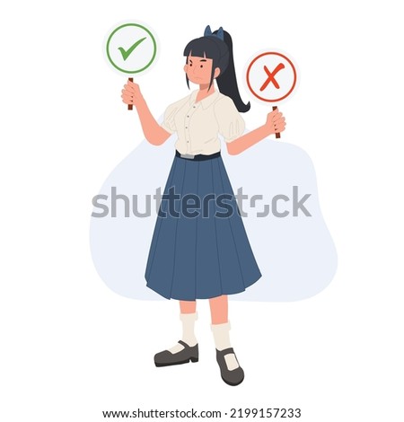 Asian student in school uniform. Thai student girl is making decision right or wrong. vector illustration