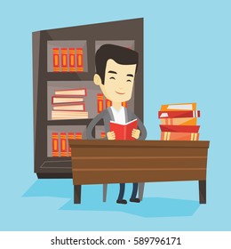 Asian student sitting at the table and holding a book in hands. Smiling student reading a book. Happy student reading a book and preparing for exam. Vector flat design illustration. Square layout.