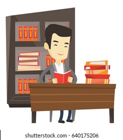 Asian student sitting at the table and holding book in hands. Student reading a book. Happy student reading a book and preparing for exam. Vector flat design illustration isolated on white background.